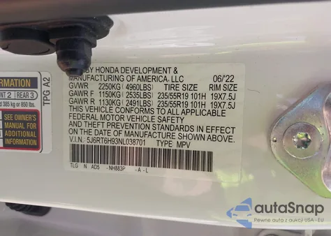 2022 Honda Cr-V Hybrid Touring z USA, uszkodzony, nr VIN 5J6RT6H93NL038701